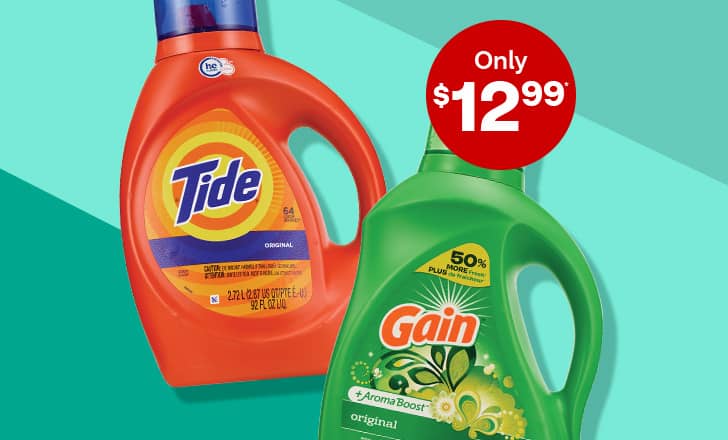 Only $12.99, Tide and Gain laundry detergent