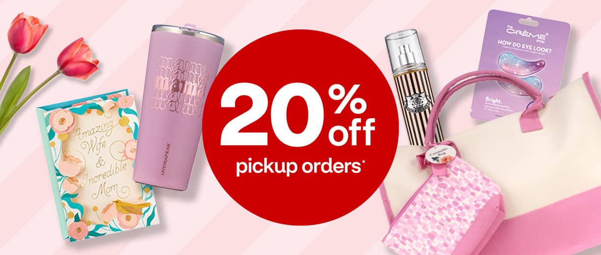 20 percent off pickup orders, Hallmark Mother's Day card, Hydrapeak insulated cup with Mama, Marc Jacobs fragrance, the creme shop gel eye patches, tote bag and tulips