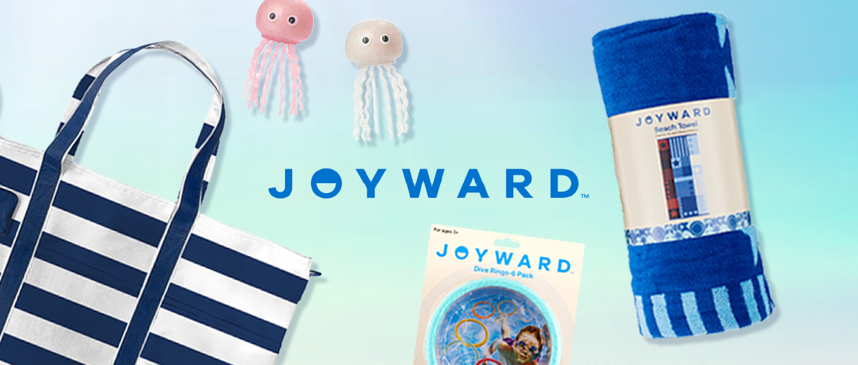 Joyward black-and-white striped bag, blue striped towel and 6-pack pool Dive Rings with jellyfish squishy toys.