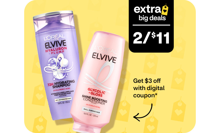 Extra Big Deals, 2 for $11. Get $3 off with digitial coupon. L’Oréal Paris Elvive Hyaluron Plump shampoo and Elvive Glycolic Gloss conditioner
