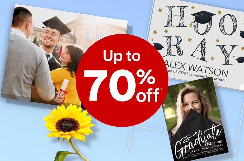 Up to 70 percent off, canvas print, lawn sign and magnet card with graduation images