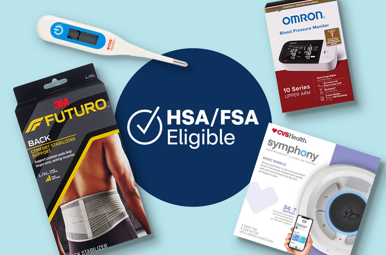 HSA/FSA eligible logo, Futuro, CVS Health, Omron and Symphony products.