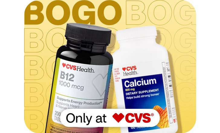 Only at CVS. Buy 1, get 1 50% off. CVS Health B12 and Calcium.
