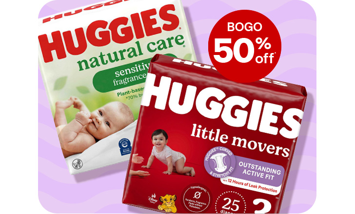 Buy 1, get 1 50% off. Huggies Natural Care and Little Movers