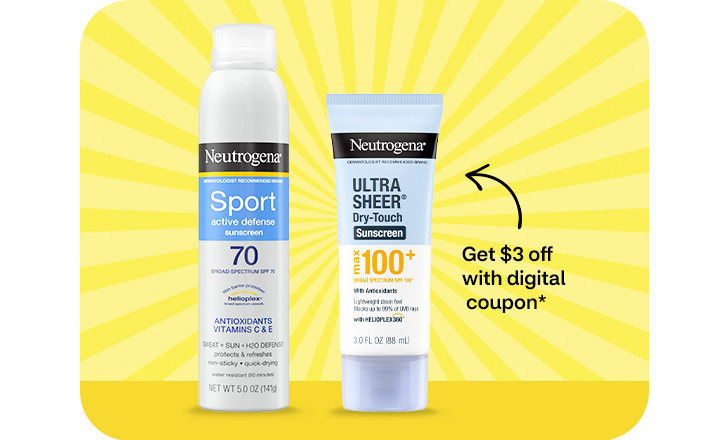 Pague $3 menos con un cupón digital. Neutrogena Sport and Ultra Sheer sunscreen