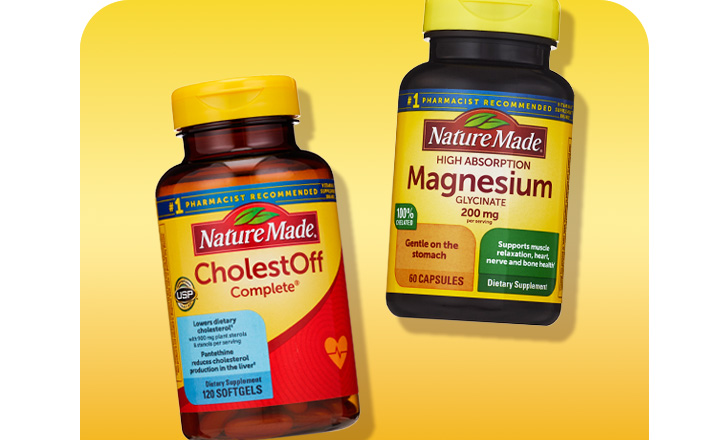 Nature Made CholestOff and Magnesium supplements.