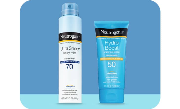 Neutrogena SPF 70 Ultra Sheer body mist and SPF 50 Hydro Boost lotion sunscreen