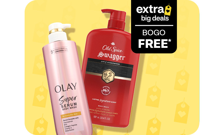 Extra Big Deals. Buy 1, get 1 free. Olay Super Serum Body wash and Old Spice Swagger body wash