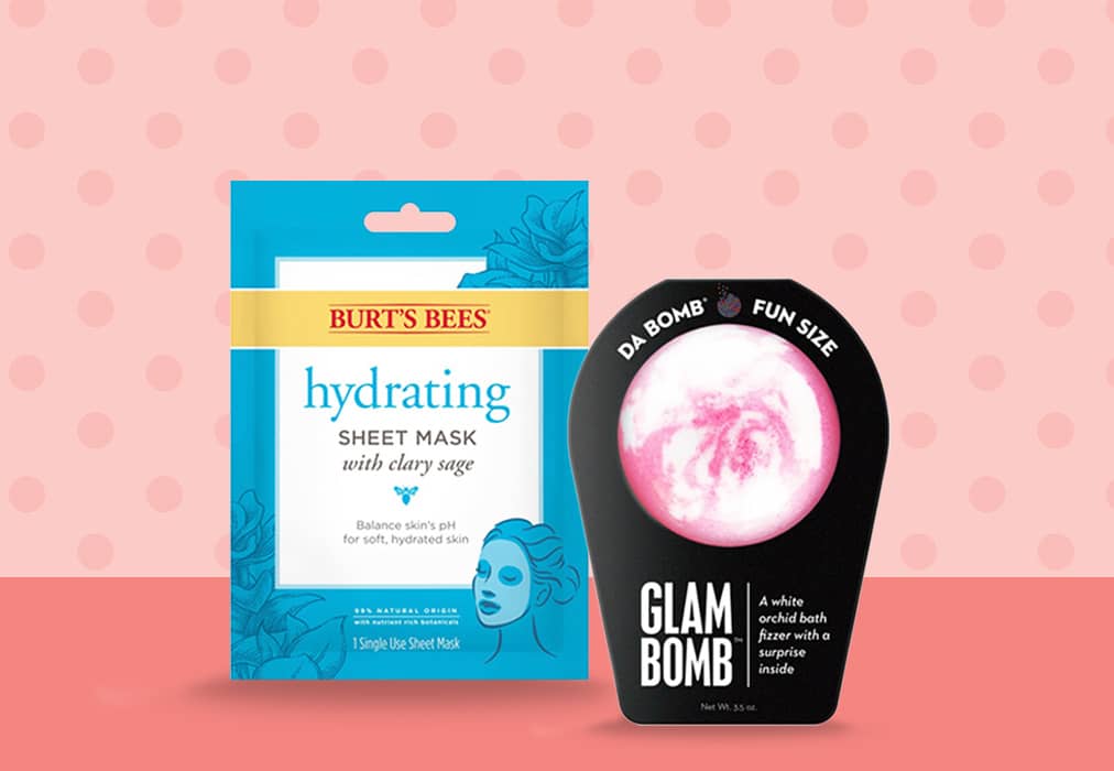 Burt's Bees hydrating sheet mask and Glam Bomb bath bomb