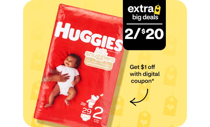 Two for $20, get $1 off with digital coupon, Huggies diapers, extra big deals.
