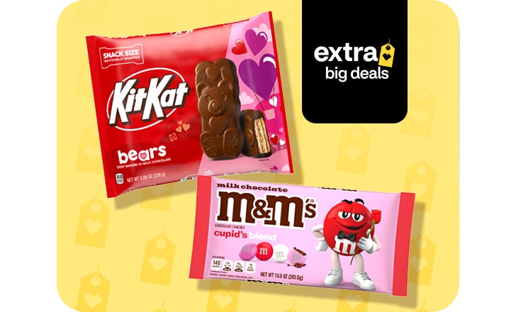 Extra Big Deals, snack-size KitKat bears, M&M's cupid's blend candy