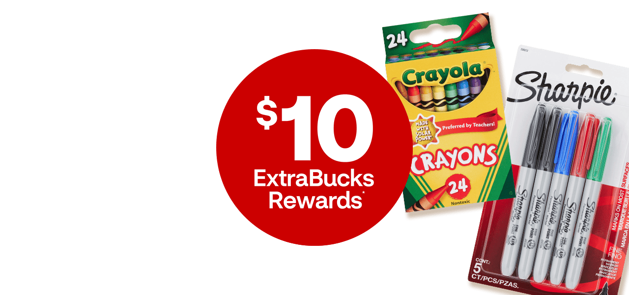$10 ExtraBucks Rewards. Post-it tabs, Bic pencils, Crayola crayons and Sharpie markers against a yellow lined paper background