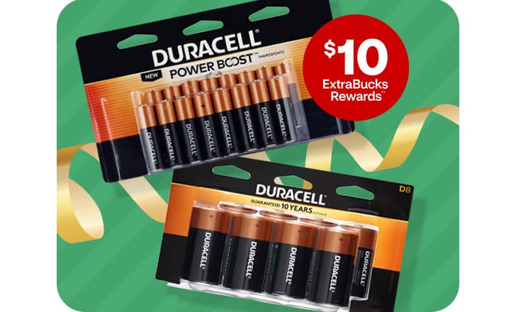 $10 ExtraBucks Rewards, a package each of Duracell AA and D batteries.