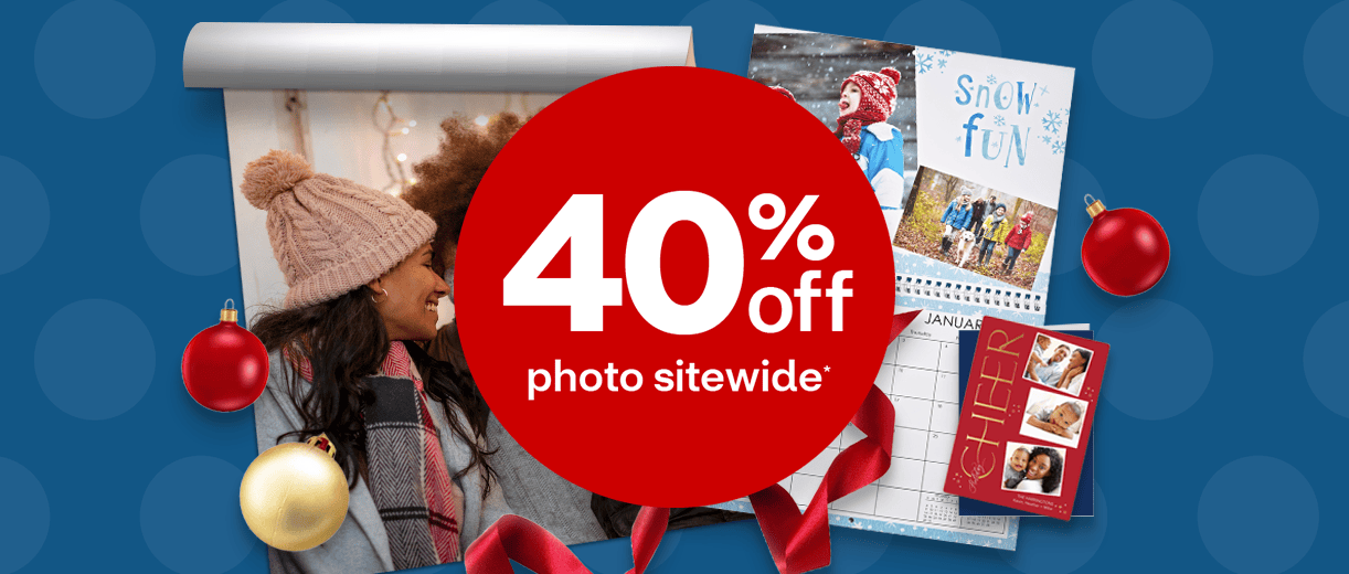 Forty percent off photo sitewide; photo products including a repositionable poster, a calendar and a holiday card.