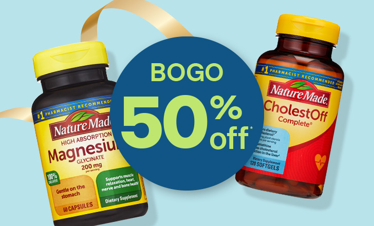 Buy one, get one 50 percent off, a bottle each of Nature Made Magnesium and CholestOff supplements