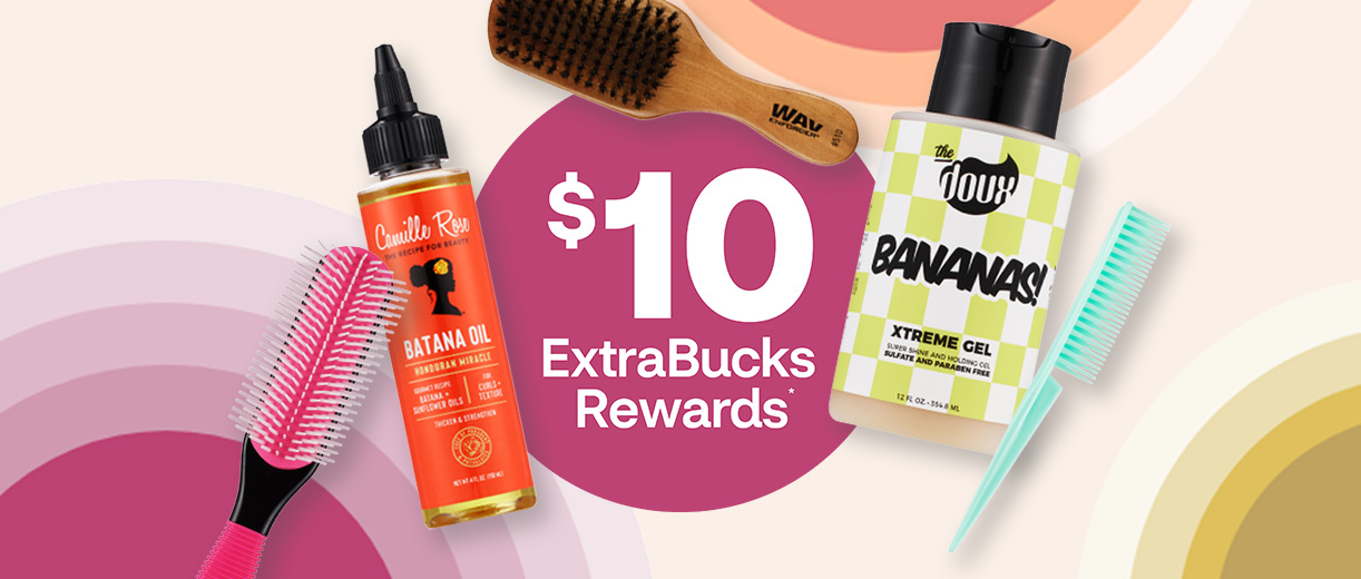 $10 ExtraBucks Rewards*, The Doux Bananas! gel, Camille Rose Batana Oil, a pink brush and a WavEnforcer brush