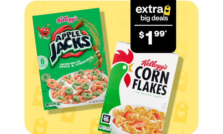 Extra Big Deals, $1.99. Kellogg’s Apple Jacks and Corn Flakes.