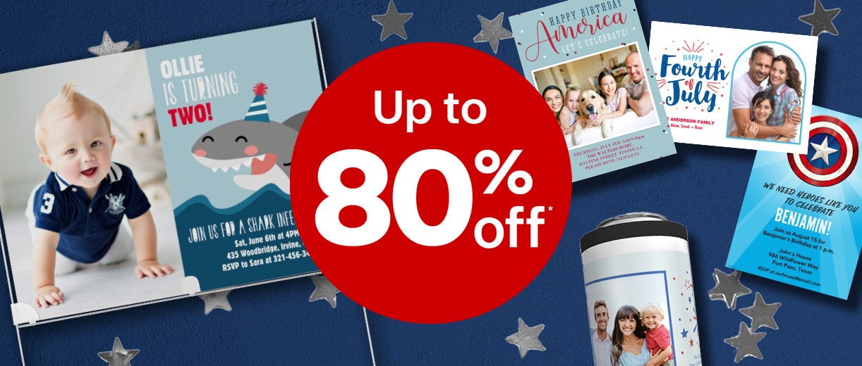 Photo cards and custom photo gifts with up to 80% off offer.