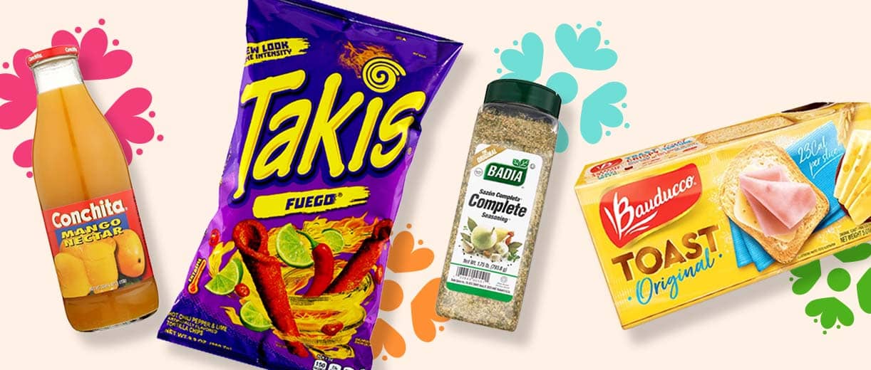 Conchita mango nectar, Takis chips, Badia Complete seasoning and Bauducco Toast Original