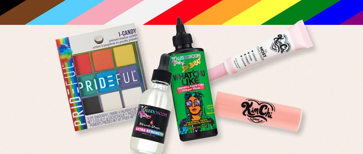 Prideful eyeshadow, Kaleidoscope hair care products, KimChi Chic concealer and lip color