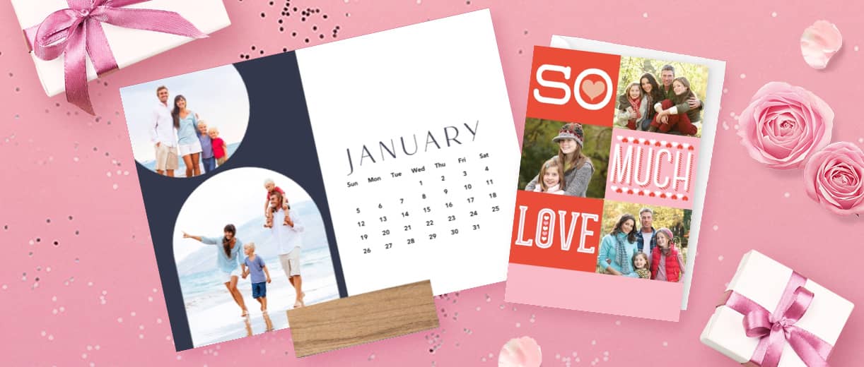 A photo calendar and Valentine's Day card with family photos