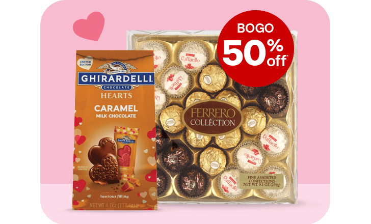 Buy one, get one 50 percent off, Ghirardelli and Ferrero Rocher chocolate candy