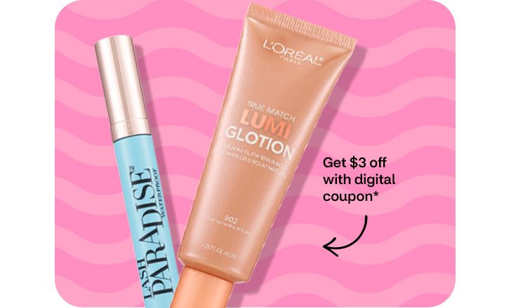 Pague $3 menos con un cupón digital. L’Oréal Paris mascara and True Match Lumi Glotion
