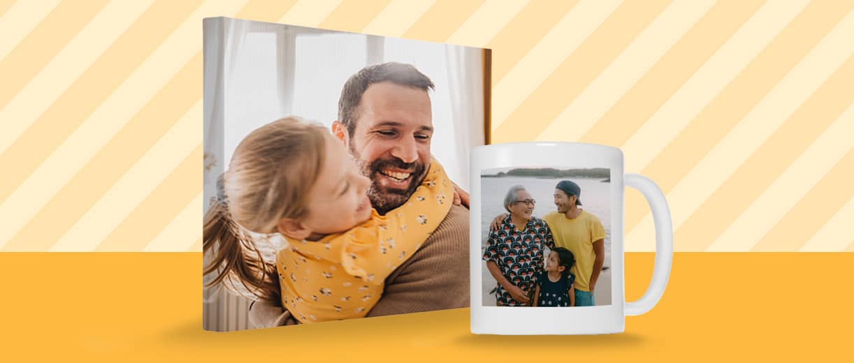 Canvas print and mug with father and child photos.