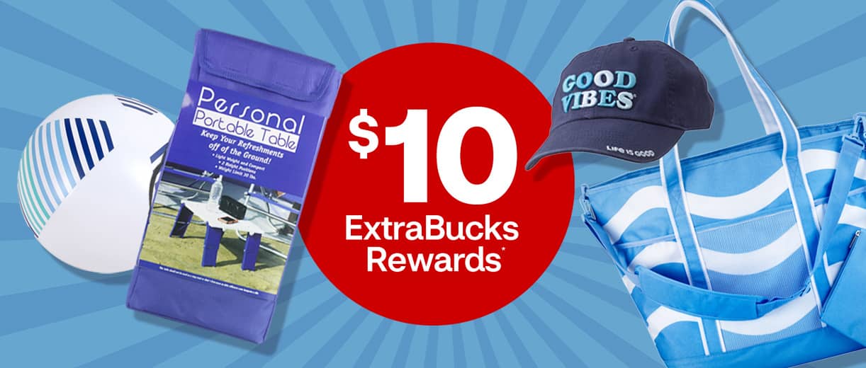 Pelota de playa, mesa portátil, gorra de béisbol Good Vibes, bolso térmico. $10 en recompensas ExtraBucks Rewards.