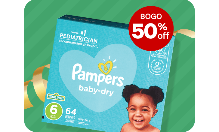 Buy one, get one 50 percent off, a box of Pampers diapers