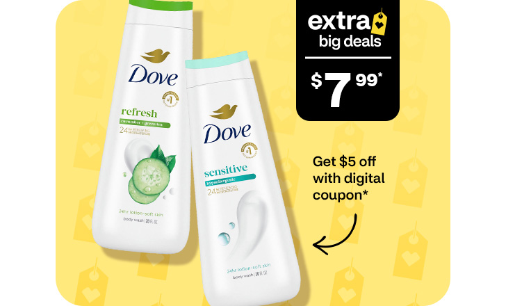 Extra big deals. Sale price $7.99. Pague $5 menos con un cupón digital. Dove Refresh and Sensitive lotion