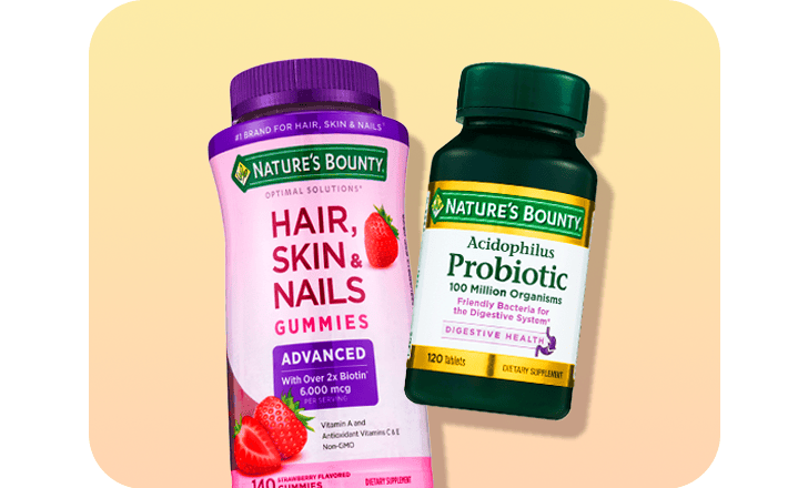 Bottles of Nature's Bounty Hair, Skin and Nails gummies and Acidophilus Probiotic supplements.