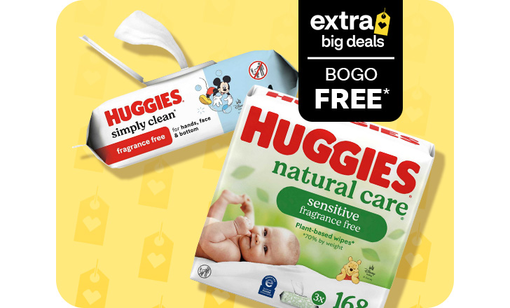 Extra Big Deals, buy 1, get 1 free. Huggies and Huggies Natural Care wipes.