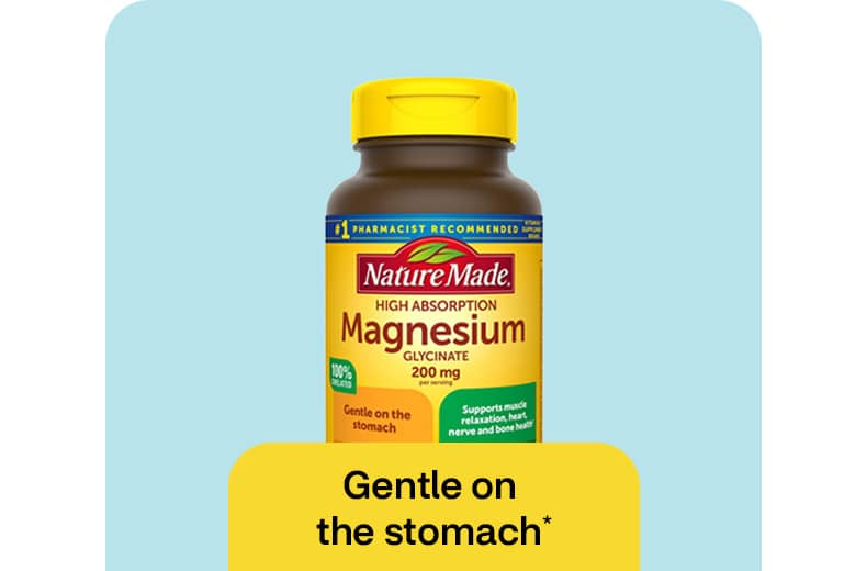 Image of a bottle of Magnesium glycinate supplements; gentle on the stomach