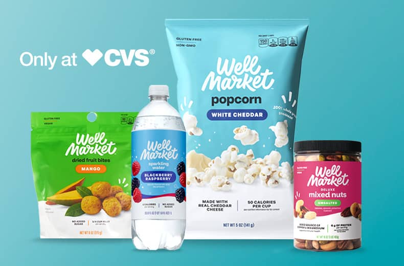 Well Market logo, trail mix bites, cashews, popcorn and deluxe mixed nuts, only at CVS.