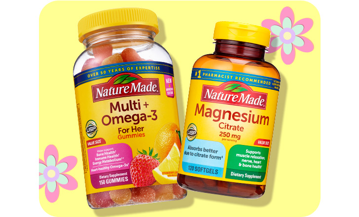 Nature Made Multi + Omega-3 gummies and Magnesium Citrate softgels against a yellow background with pastel-colored flowers.