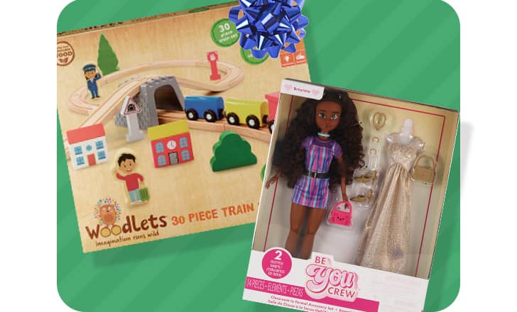 Boxed Woodlets 50 piece train set and Be You Crew doll and outfit toys.