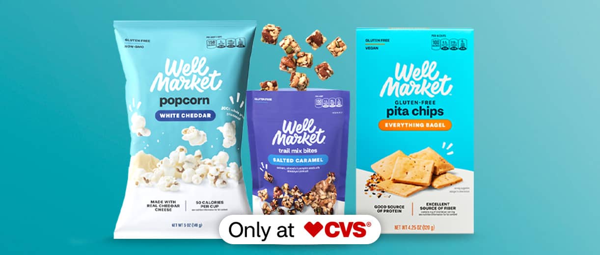 Well Market popcorn, trail mix bites and pita chips, only at CVS