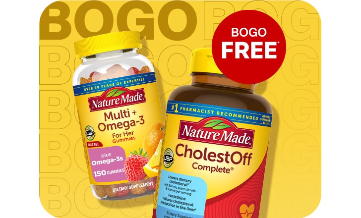 Buy 1, get 1 free. Nature Made Multi + Omega-3 gummies. Nature Made CholestOff Complete.
