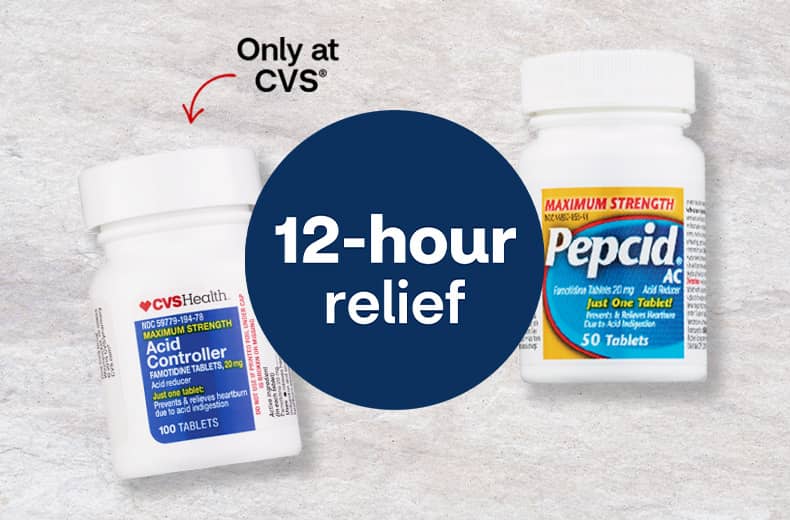 12-hour relief, CVS Health Acid Controller, only at CVS and Pepcid AC tablets