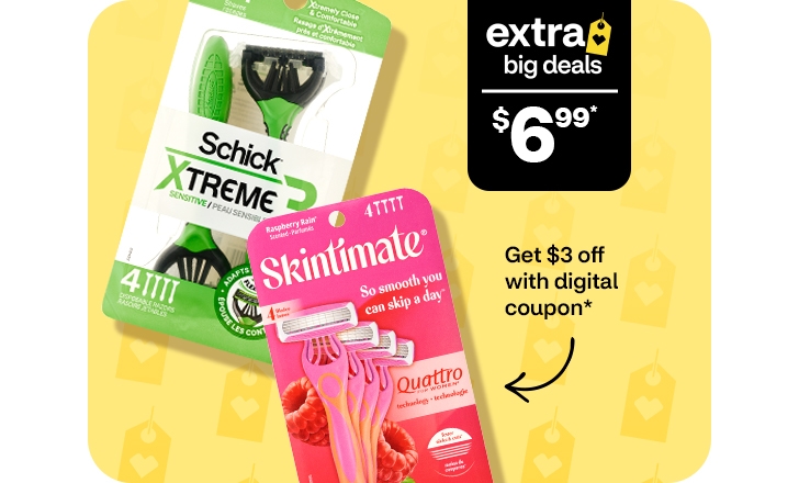 Extra Big Deals. $6.99. Pague $3 menos con un cupón digital. Schick Xtreme and Skintimate razors.