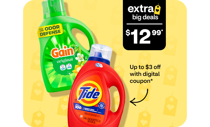 Extra Big Deals $12.99. Hasta $3 menos con cupón digital. Gain Odor Defense and Tide detergent