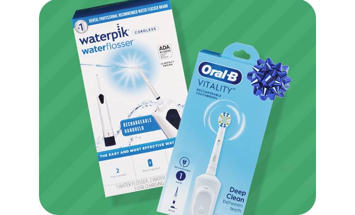 Boxed Waterpik Water Flosser and Oral-B Vitality power toothbrush.