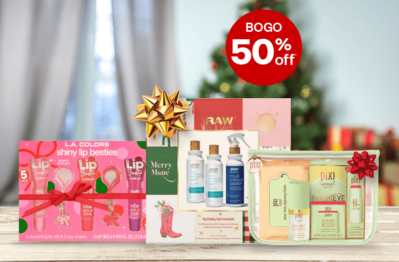 Holiday gift sets with beauty products surrounding a red offer dot reading "buy one, get one 50% off."