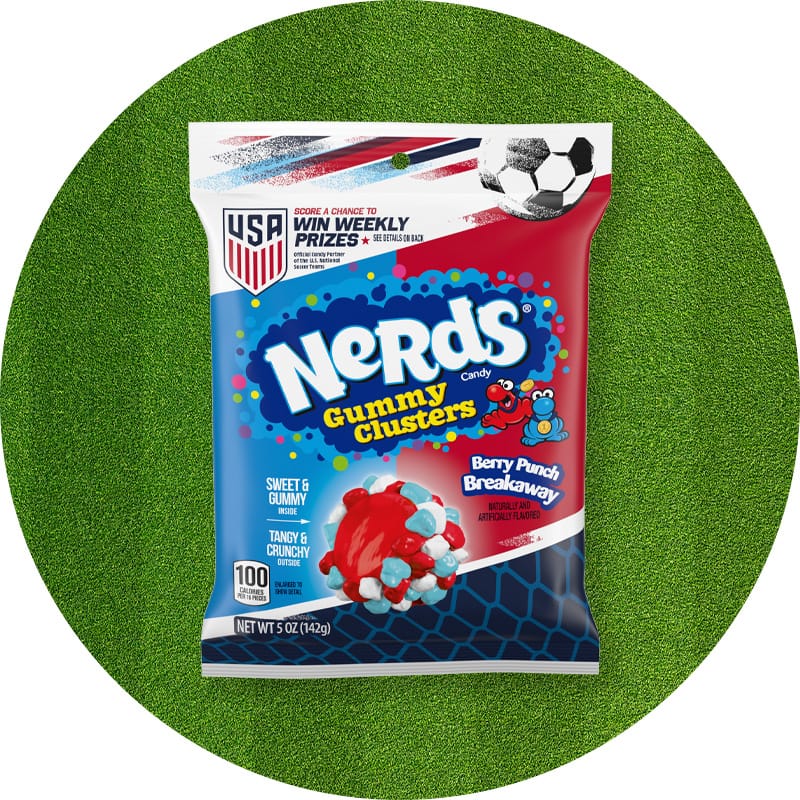 Soccer-themed Nerds Gummy Clusters against a green grass background