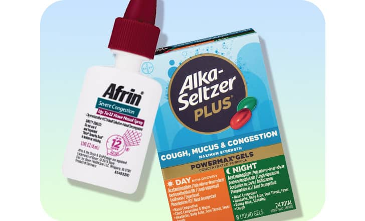 A bottle of Afrin nasal spray and a box of Alka-Seltzer Plus cough, mucus and congestion relief capsules.