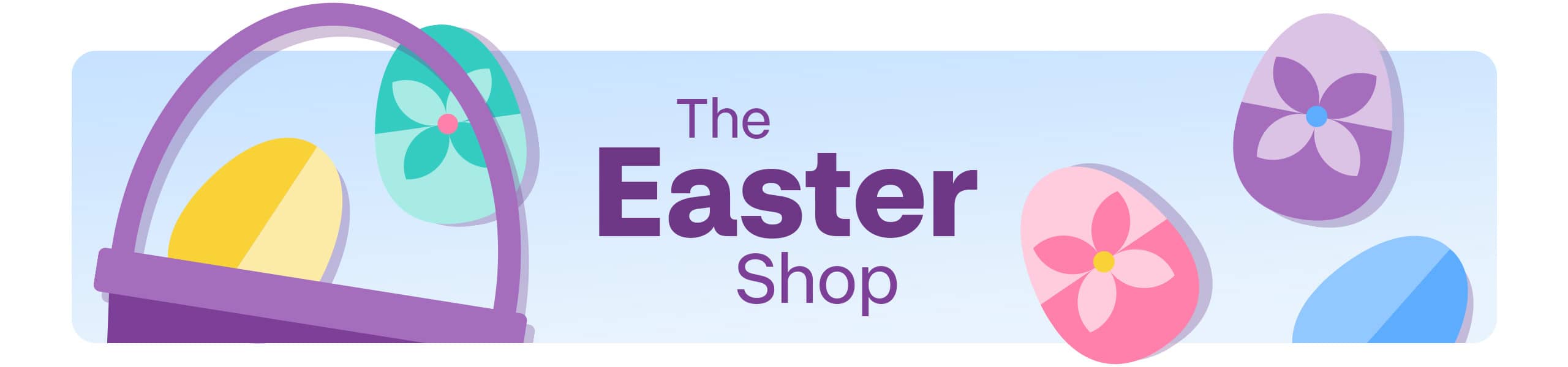 The Easter shop in text surrounded by illustrated Easter eggs and a basket