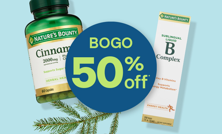 Buy one, get one 50 percent off, a bottle of Nature's Bounty Cinnamon supplements and a box of Nature's Bounty B complex liquid.