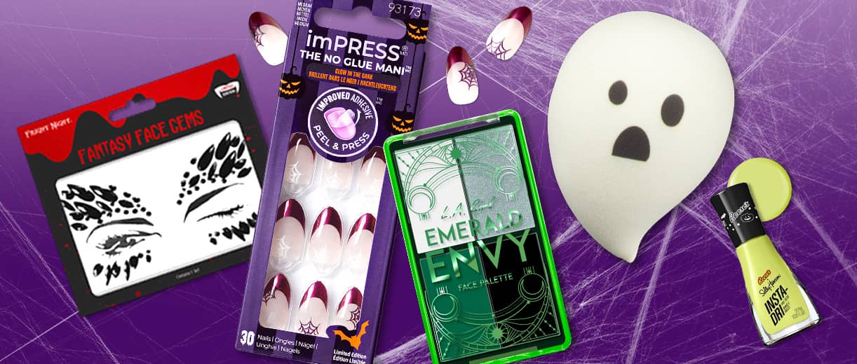 Fright Night Fantasy Face Gems, imPress press-on nails, L.A. Girl Emerald Envy eyeshadow, Sally Hansen Insta-Dri nail polish.