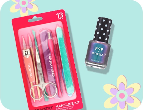 one+other manicure kit and Poparazzi nail polish against a pastel green background with pastel-colored flowers